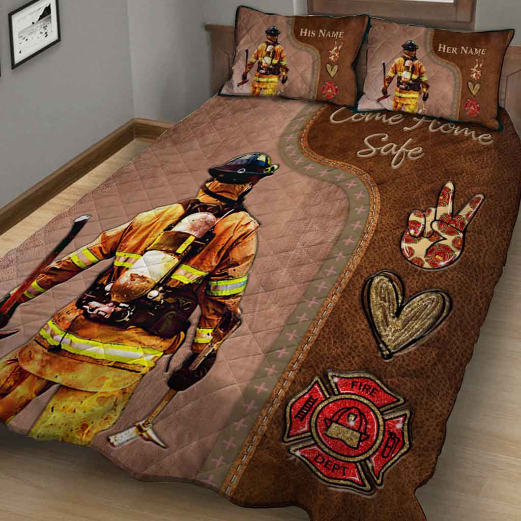 Come Home Safe - Personalized Firefighter Quilt Set With Leather Pattern Print