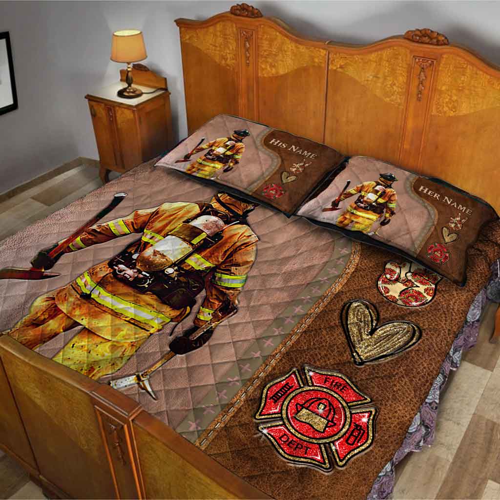 Come Home Safe - Personalized Firefighter Quilt Set With Leather Pattern Print
