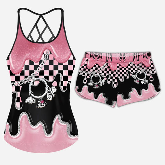 Black Pink Race Girl - Racing Cross Tank Top and Women Shorts