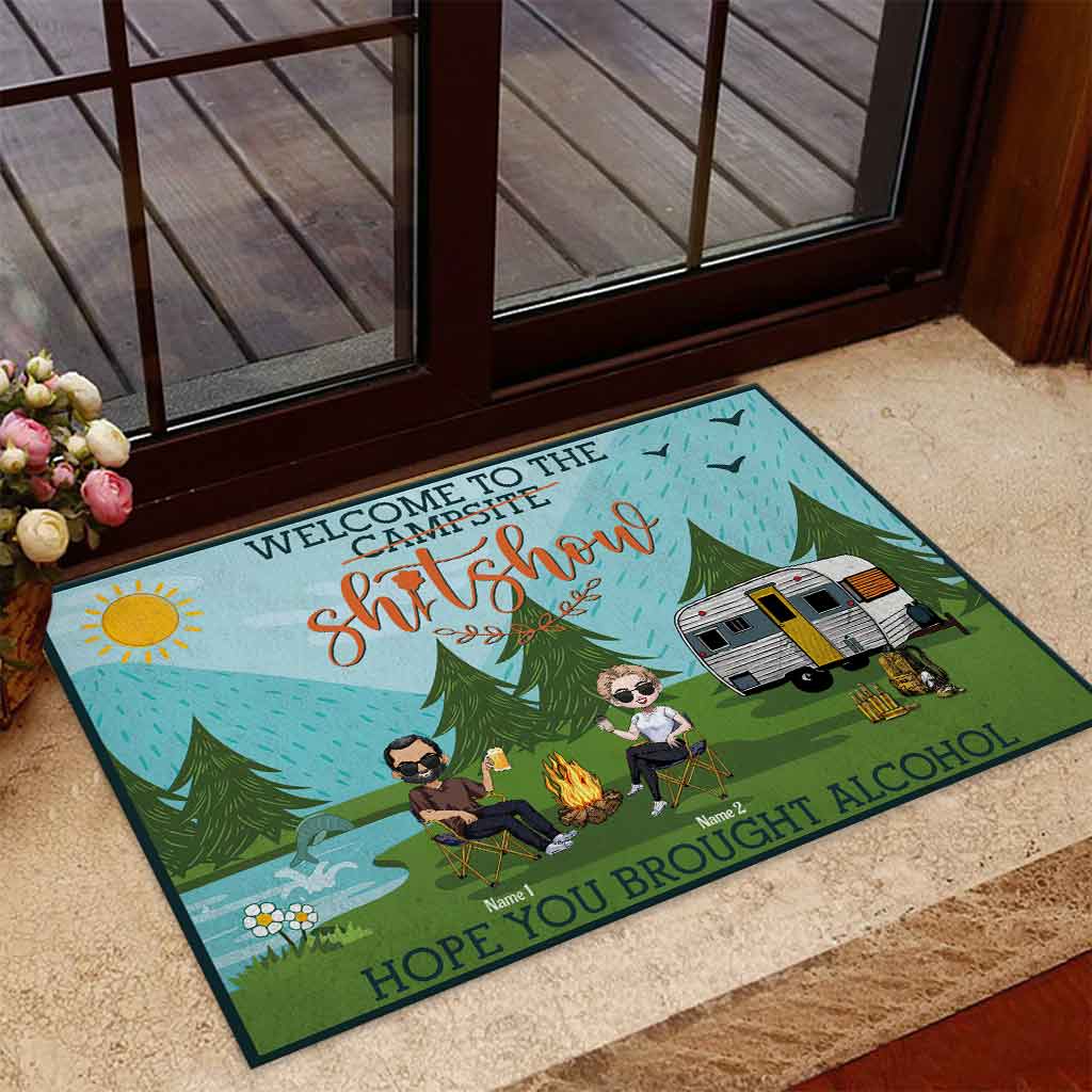 Welcome To The Shitshow Brought Alcohol - Personalized Camping Doormat