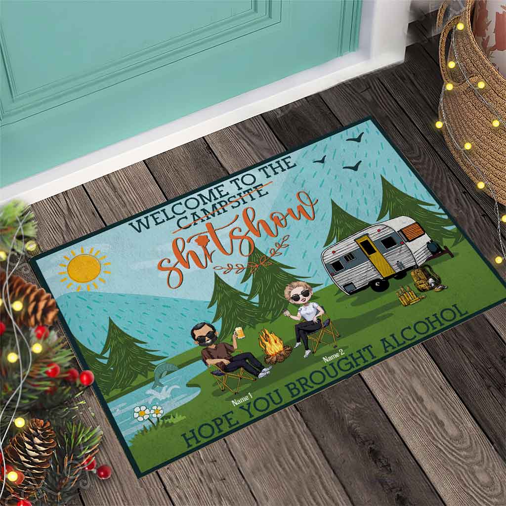 Welcome To The Shitshow Brought Alcohol - Personalized Camping Doormat