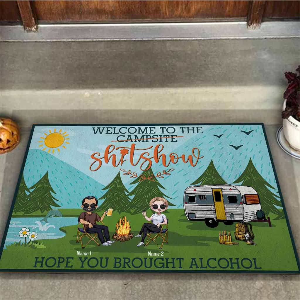 Welcome To The Shitshow Brought Alcohol - Personalized Camping Doormat