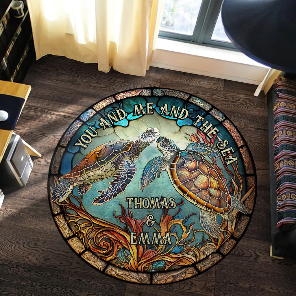 Colorful Turtle Couple - Personalized Turtle Round Rug