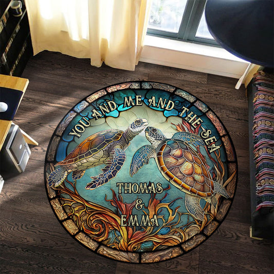 Colorful Turtle Couple - Personalized Turtle Round Rug
