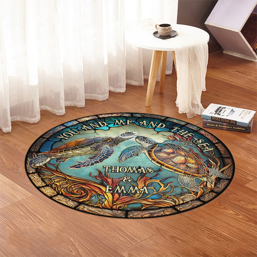 Colorful Turtle Couple - Personalized Turtle Round Rug