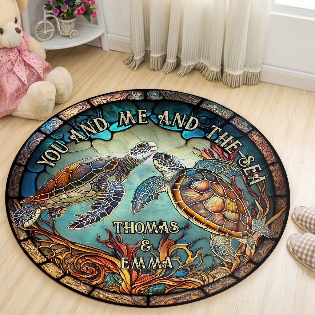 Colorful Turtle Couple - Personalized Turtle Round Rug