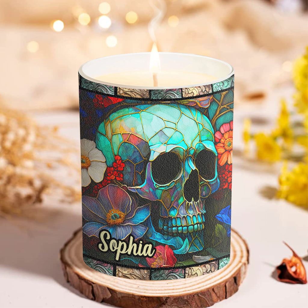 Floral Skull - Personalized Skull Candle With Wooden Lid
