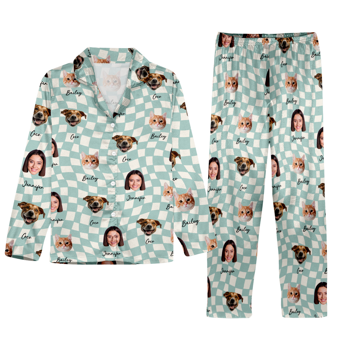 Any Photo Upload On Plaid Pattern With Many Background Color - Personalized Cat Button Down Pajamas