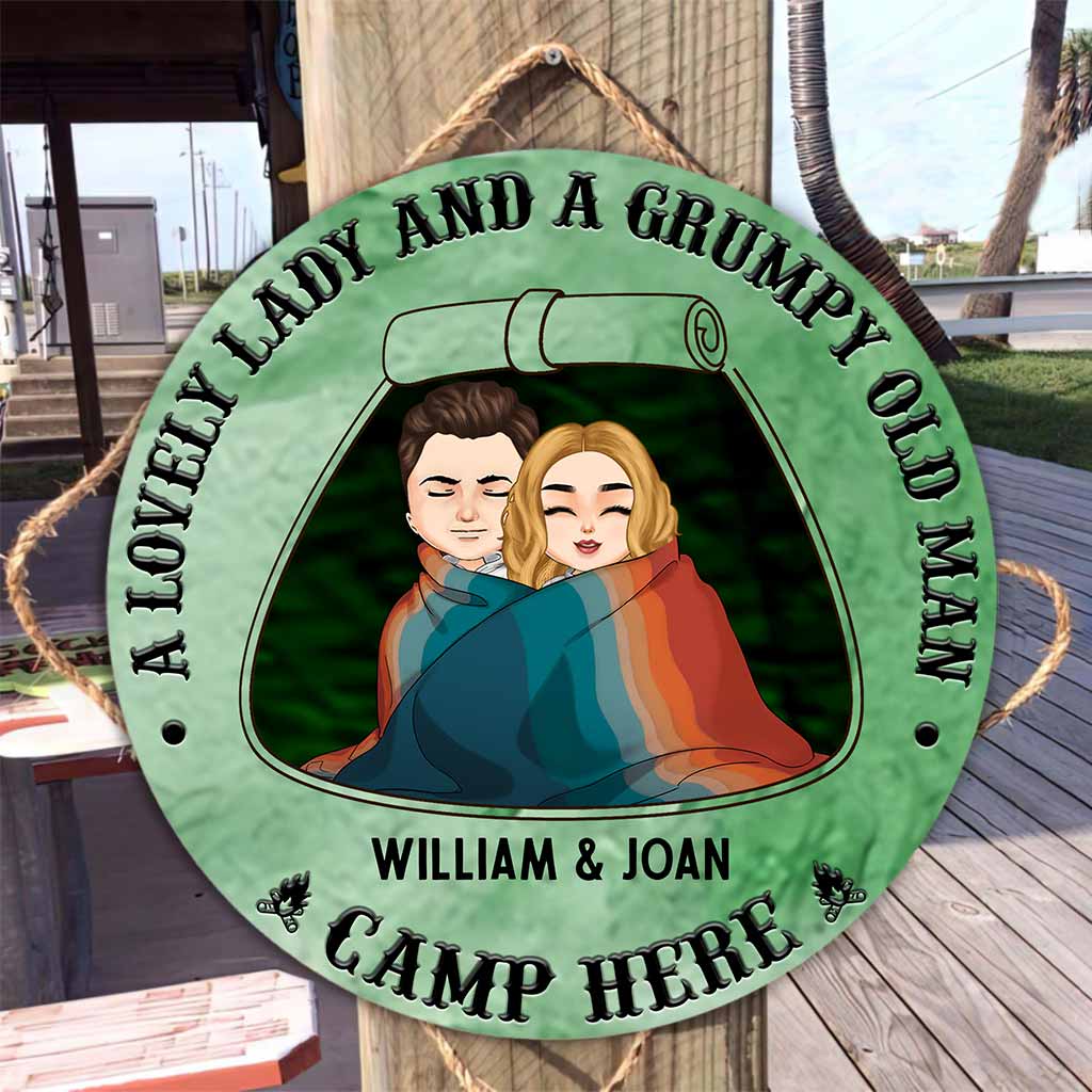 A Lovely Lady Grumpy Old Man Camp Here - Personalized Couple Round Wood Sign