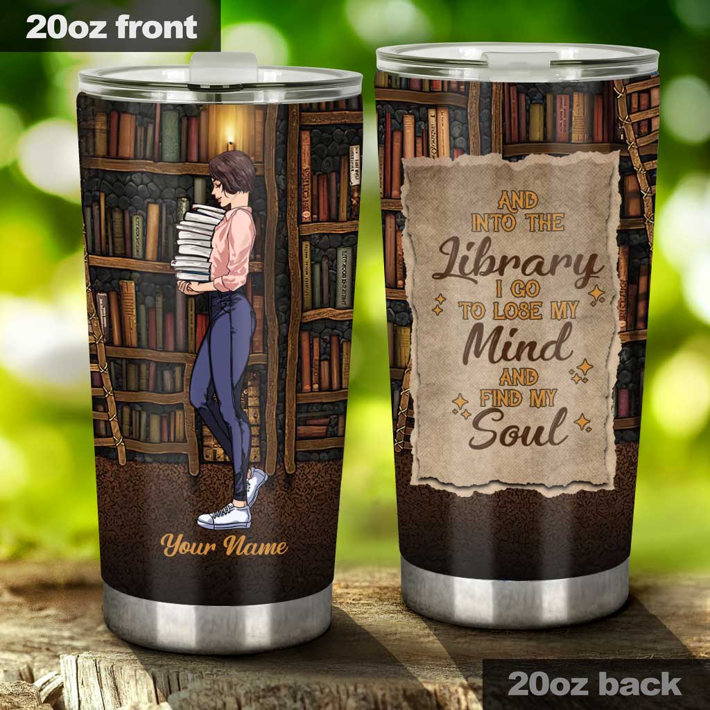 And Into The Library I Go - Personalized Book Tumbler