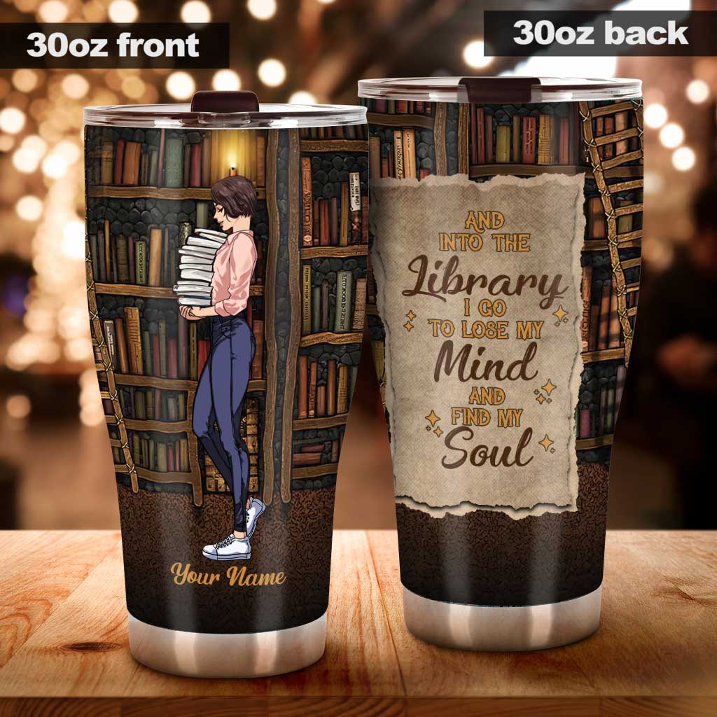 And Into The Library I Go - Personalized Book Tumbler