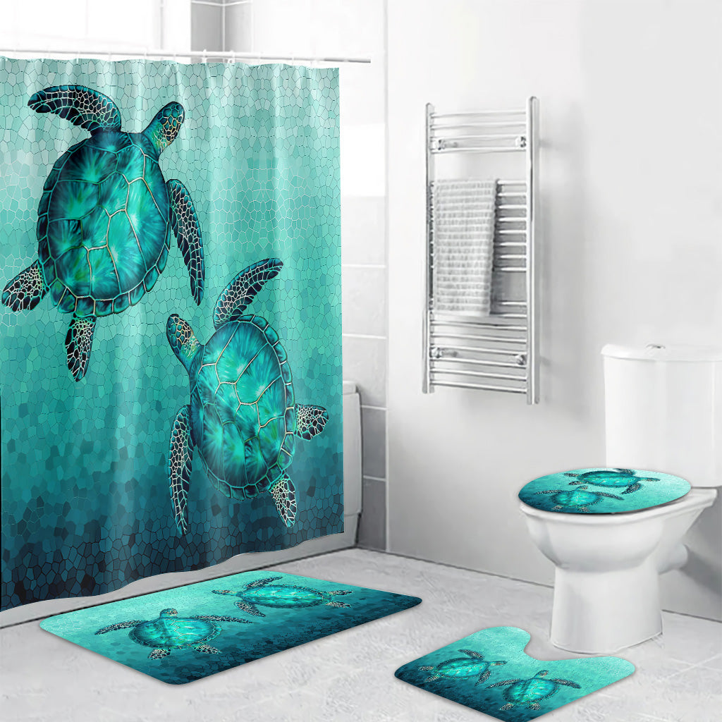 Swimming In The Water Turtle Bathroom Curtain & Mats Set