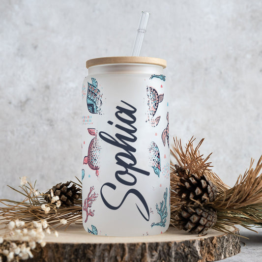 Pink And Blue Turtle - Personalized Turtle Can Glass