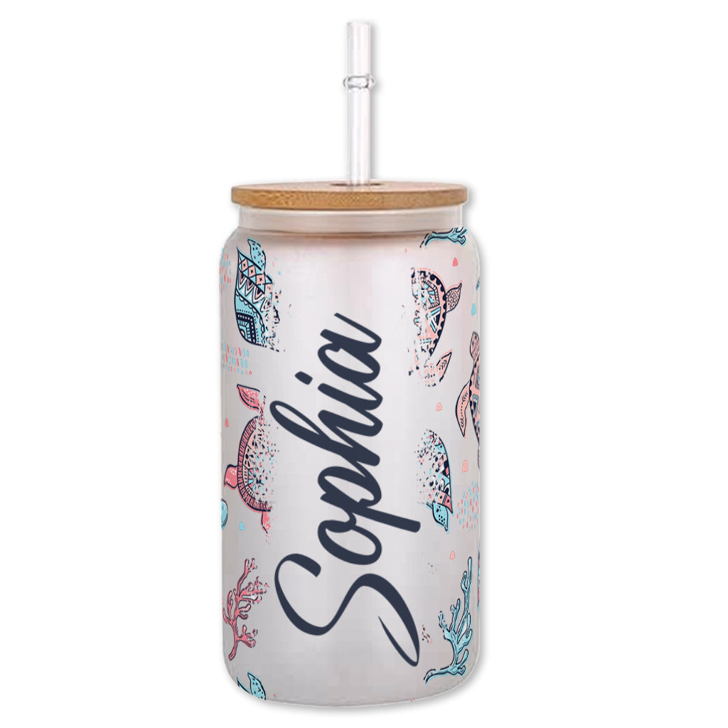 Pink And Blue Turtle - Personalized Turtle Can Glass