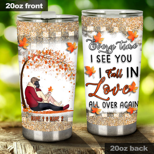 I Fall In Love All Over Again - Personalized Fall Couple Tumbler