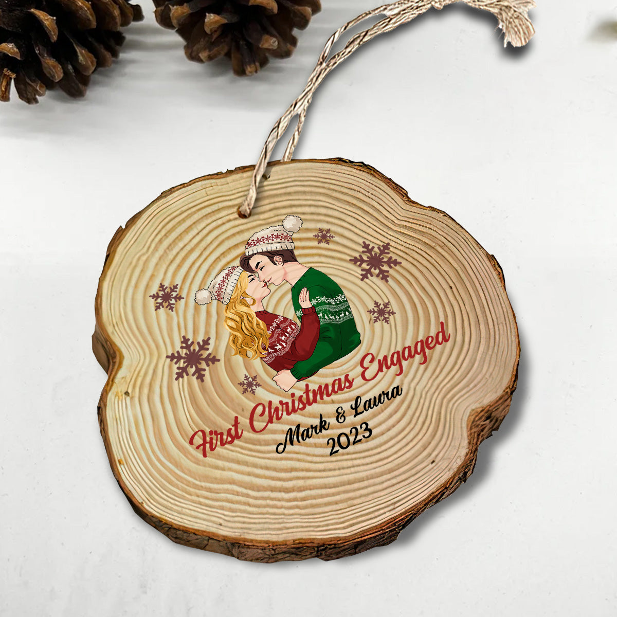 First Christmas Engaged - gift for boyfriend, girlfriend - Personalized Slice Wood Ornament