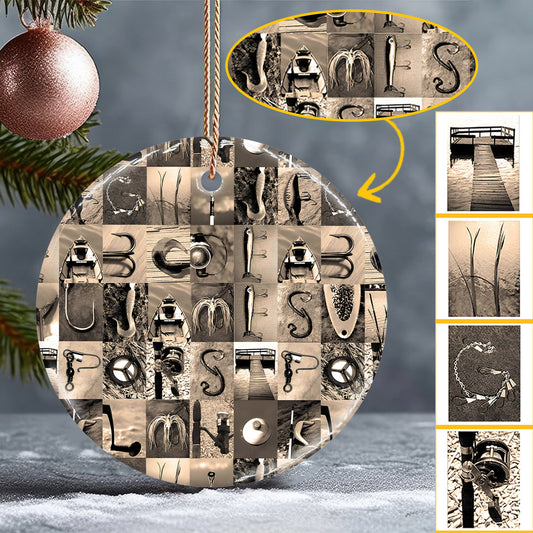 Vintage Fishing Alphabet - Personalized Fishing Ceramic Circle Ornament