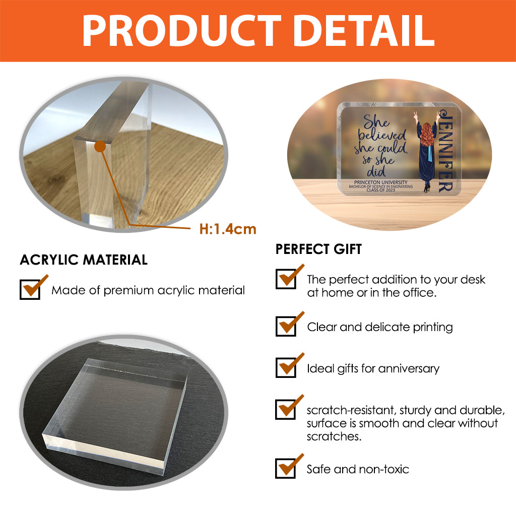 She Believed She Could - Personalized Graduation Custom Shaped Acrylic Plaque