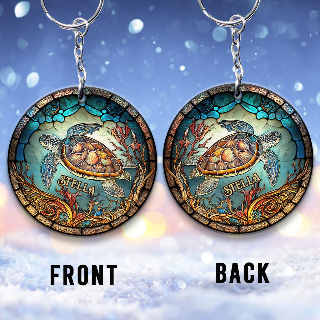 Stained Glass Turtle - Personalized Turtle Keychain (Printed On Both Sides)