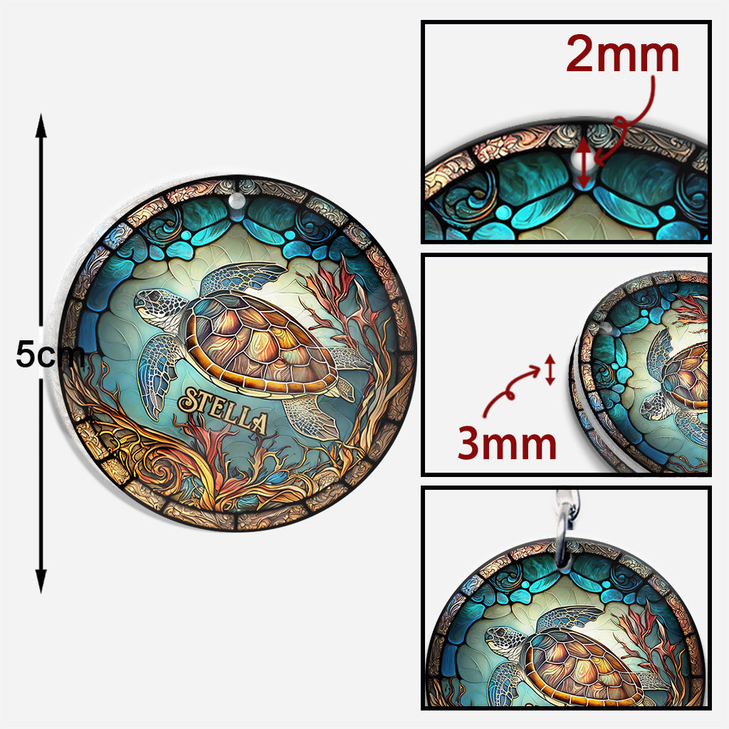 Stained Glass Turtle - Personalized Turtle Keychain (Printed On Both Sides)