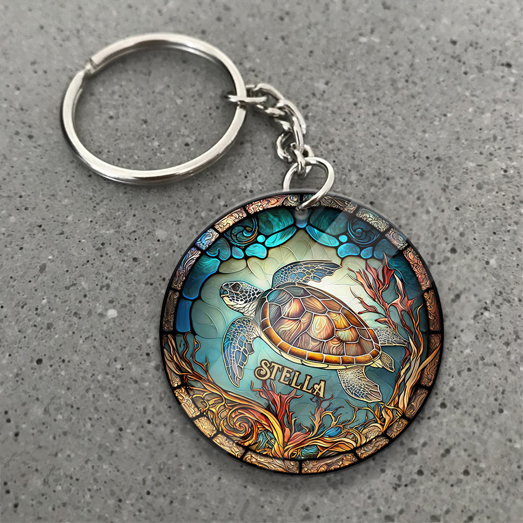 Stained Glass Turtle - Personalized Turtle Keychain (Printed On Both Sides)