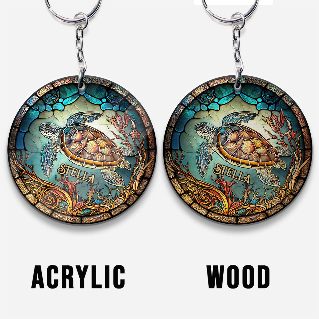Stained Glass Turtle - Personalized Turtle Keychain (Printed On Both Sides)