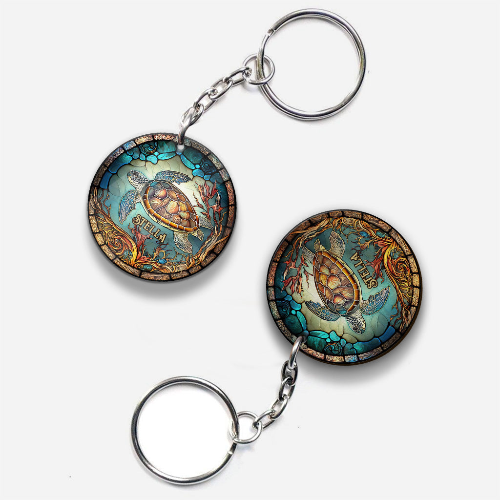 Stained Glass Turtle - Personalized Turtle Keychain (Printed On Both Sides)