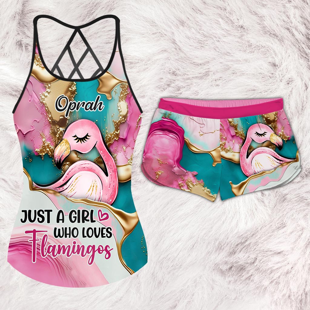 Tropical Vibes Pink Flamingo - Personalized Flamingo Cross Tank Top and Women Shorts