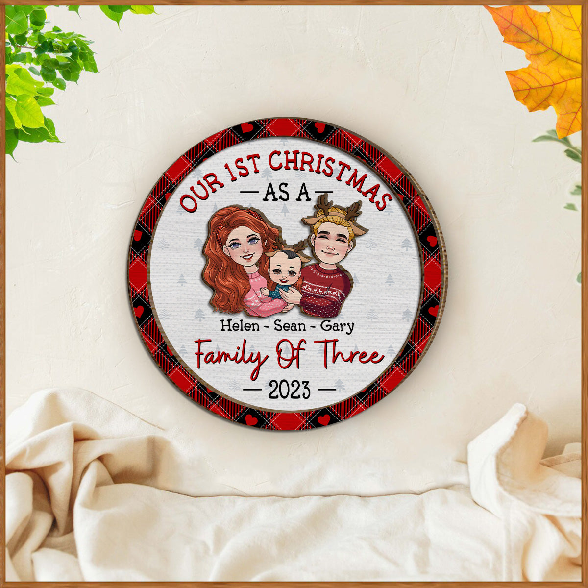 1St Christmas As Family Of Three - Gift for Newborn - Personalized 2 Layered Wood Sign / Wood Plaque