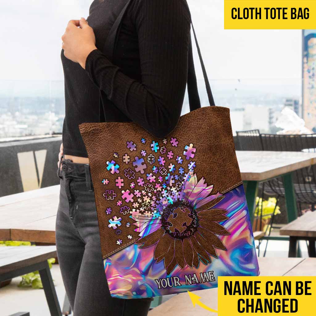 Accept Understand Love Puzzles Sunflower Hologram - Autism Awareness Personalized Tote Bag