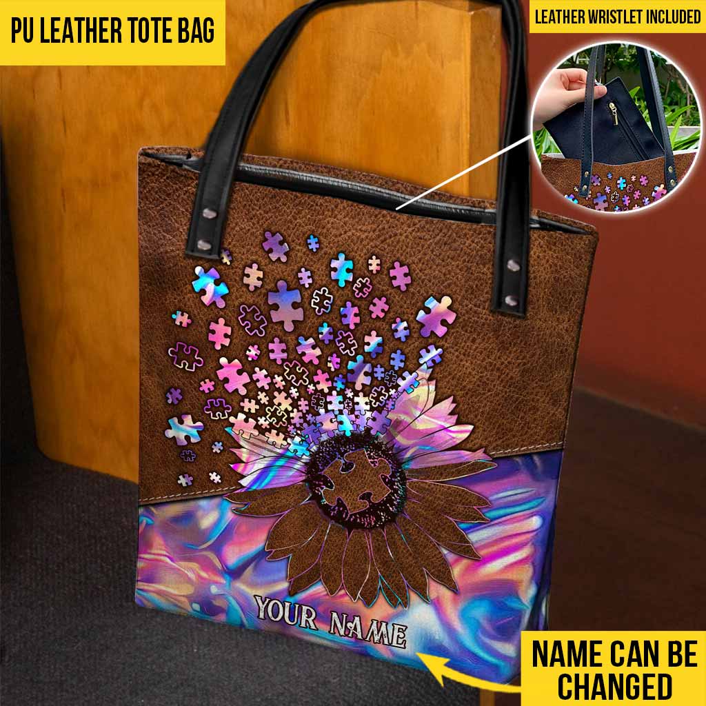 Accept Understand Love Puzzles Sunflower Hologram - Autism Awareness Personalized Tote Bag