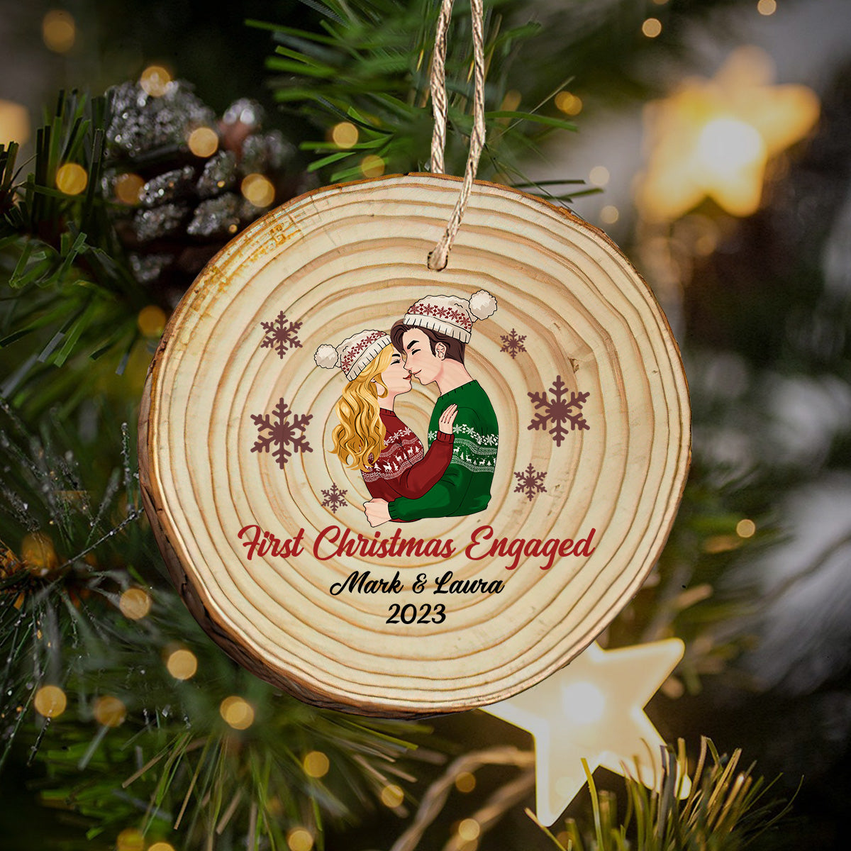 First Christmas Engaged - gift for boyfriend, girlfriend - Personalized Slice Wood Ornament