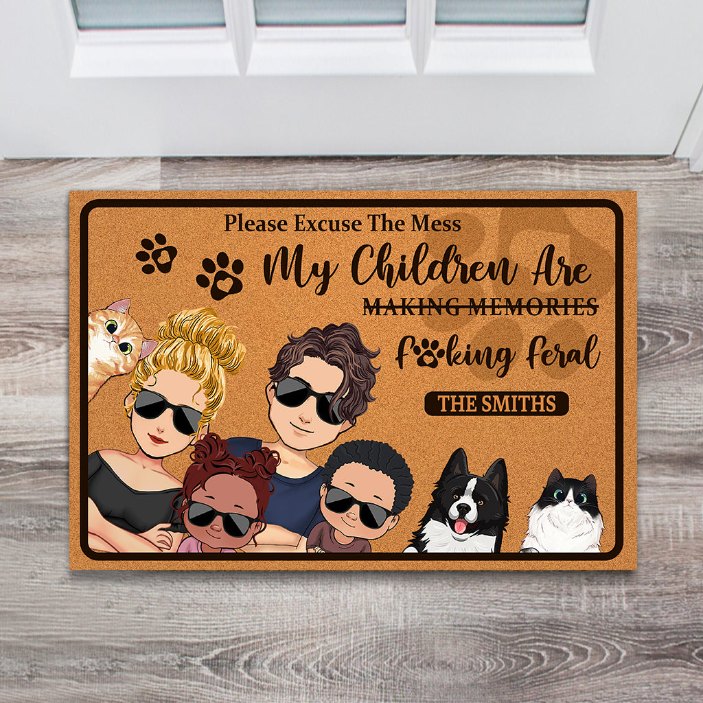Please Excuse The Mess My Children Are Feral - Personalized Family Doormat