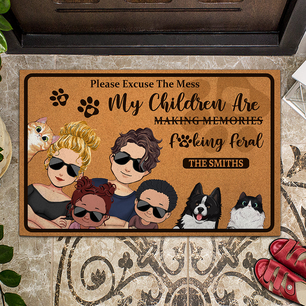 Please Excuse The Mess My Children Are Feral - Personalized Family Doormat