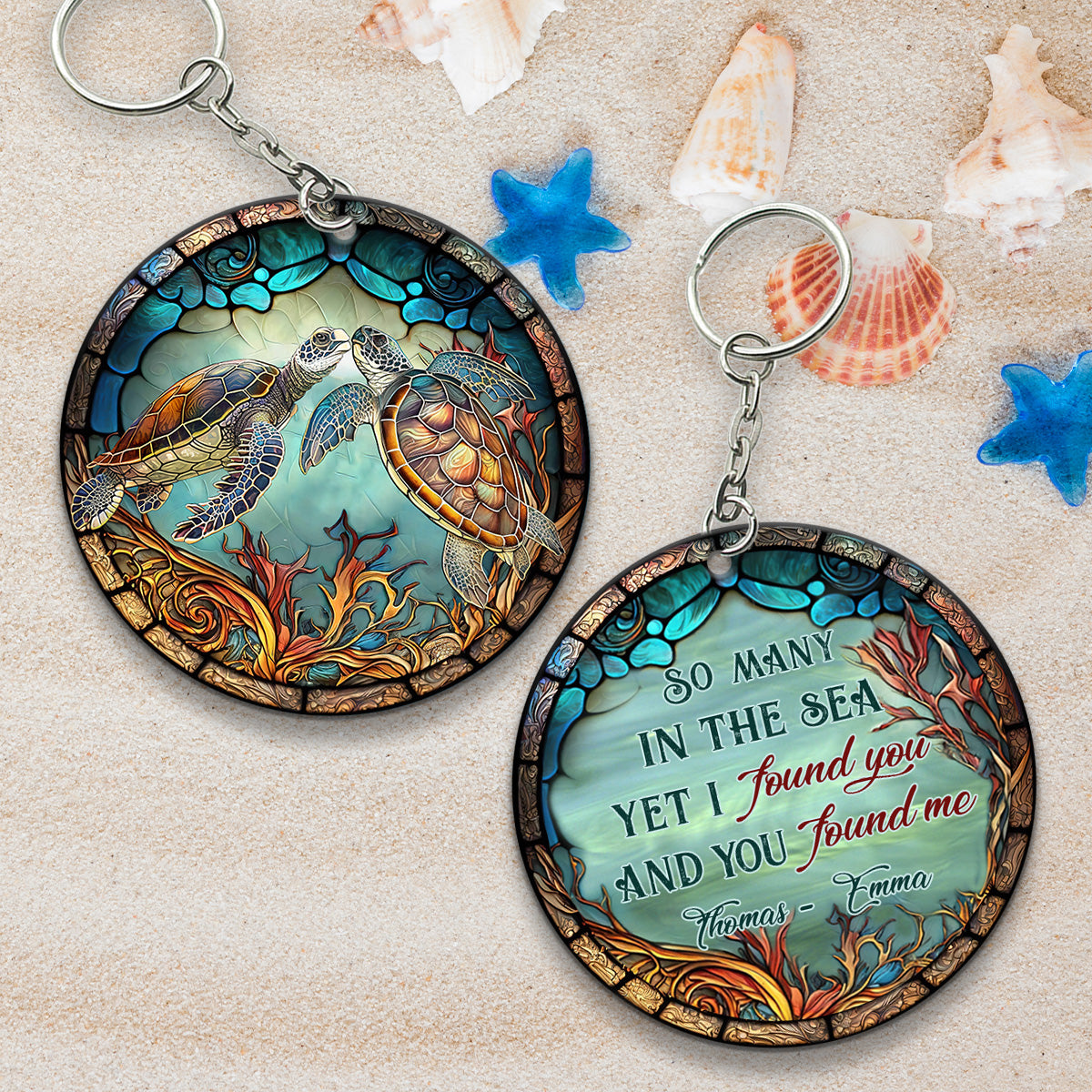 You And Me And The Sea - Personalized Turtle Keychain (Printed On Both Sides)