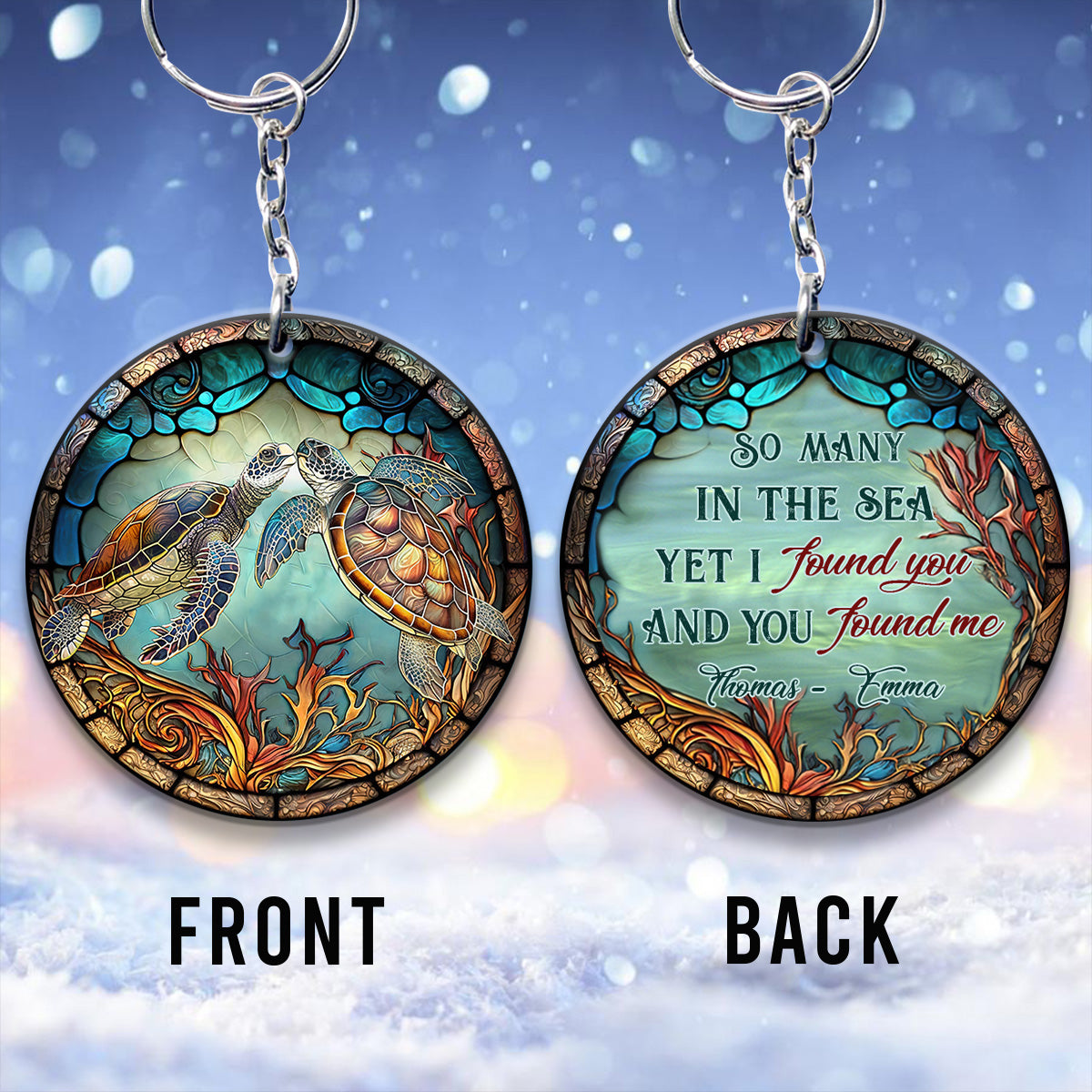 You And Me And The Sea - Personalized Turtle Keychain (Printed On Both Sides)