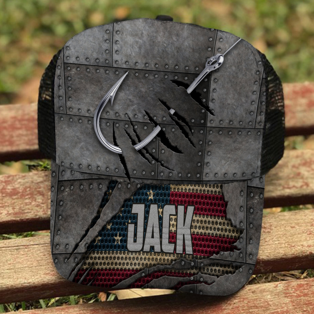 Red White Blue Anglers - Personalized Fishing Trucker Hat (Black Mesh)