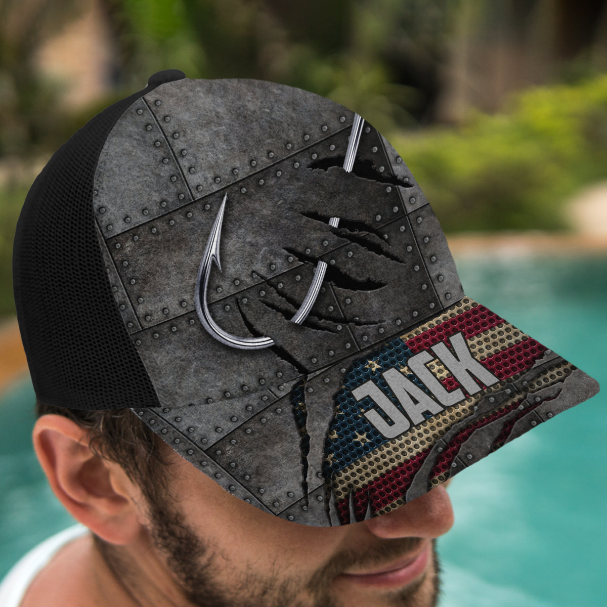 Red White Blue Anglers - Personalized Fishing Trucker Hat (Black Mesh)