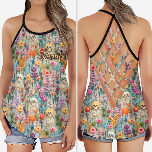 Floral Skeleton - Personalized Skull Cross Tank Top