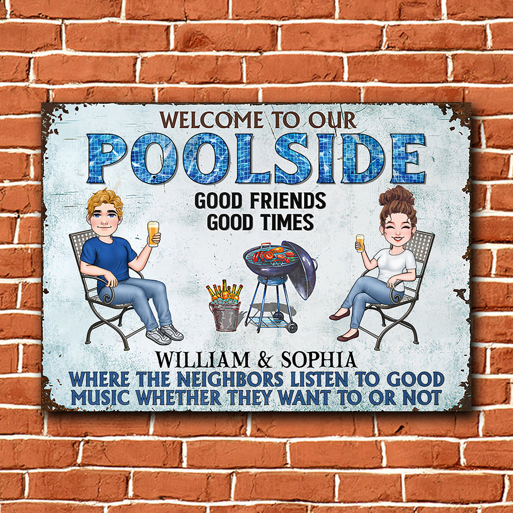 Welcome To Our Poolside - Personalized Backyard Rectangle Metal Sign