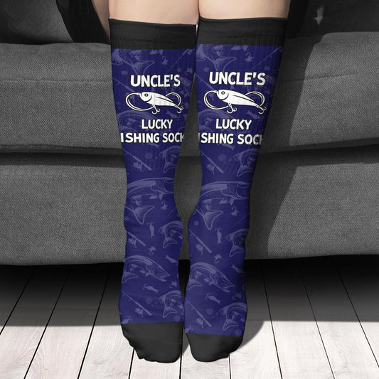 Lucky Fishing Socks - Gift for dad, uncle, aunt, grandma, grandpa, mom, son, daughter, brother, sister, granddaughter, grandson, husband, wife, boyfriend, girlfriend, friend, co-worker - Personalized Socks