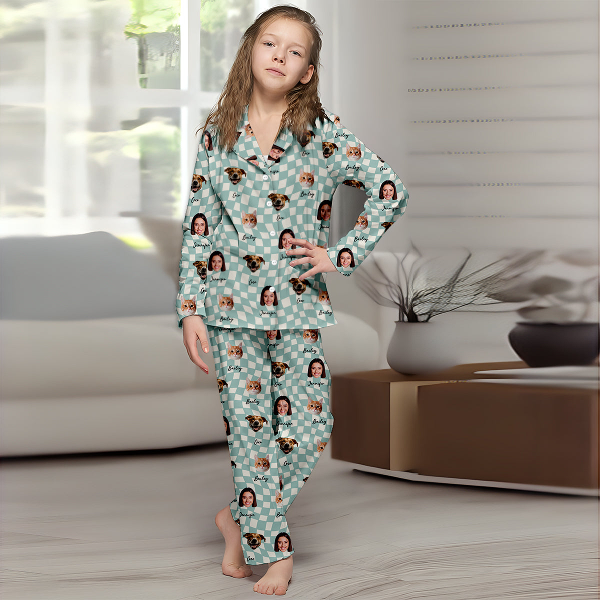 Any Photo Upload On Plaid Pattern With Many Background Color - Personalized Cat Button Down Pajamas