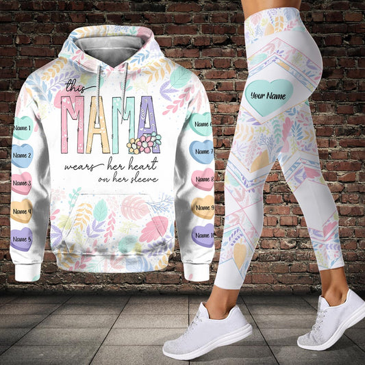 This Mama Wears Her Heart On Her Sleeve - Personalized Mother’s Day Mother Hoodie and Leggings