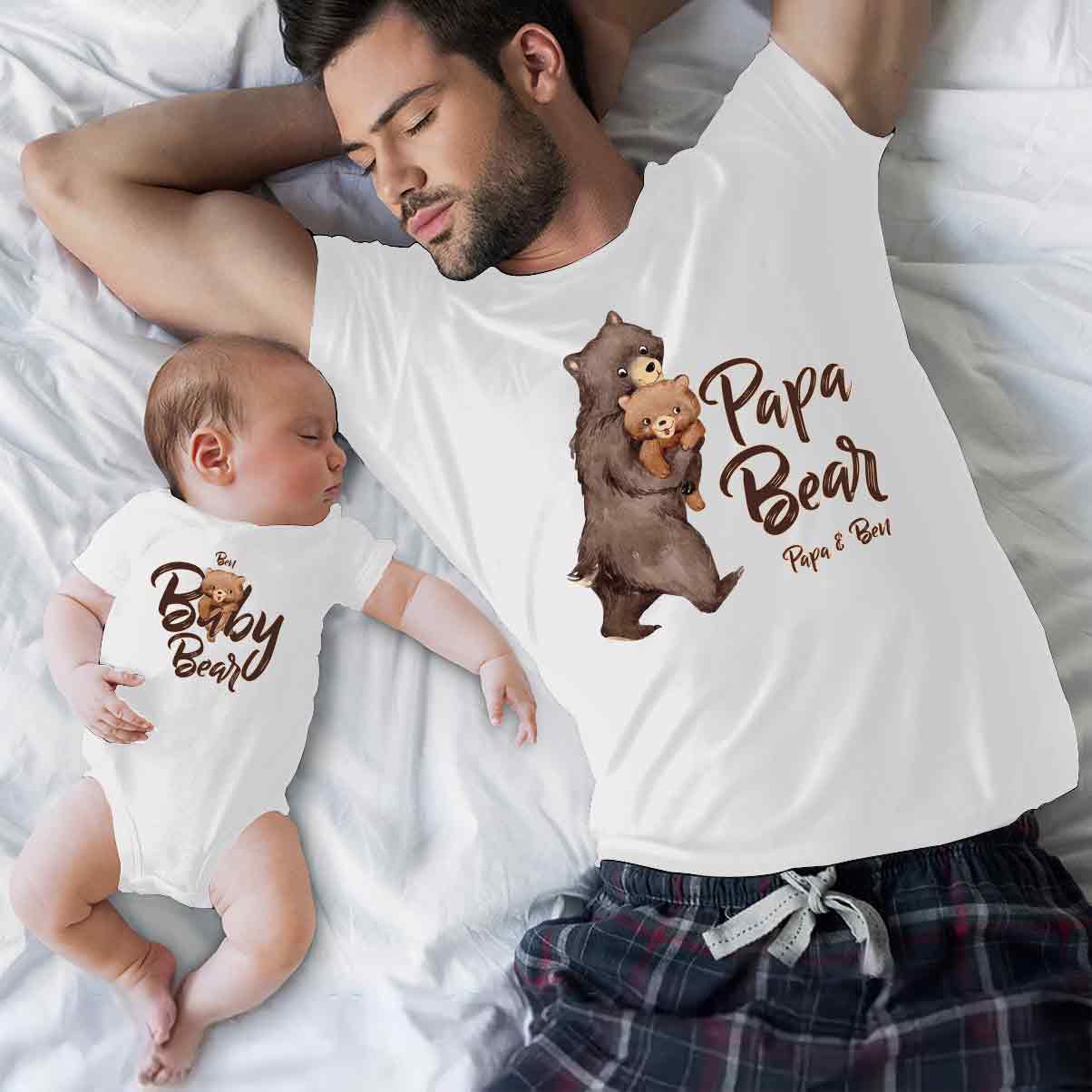 Papa Bear Baby Bear - Personalized Father T-shirt And Baby Onesie