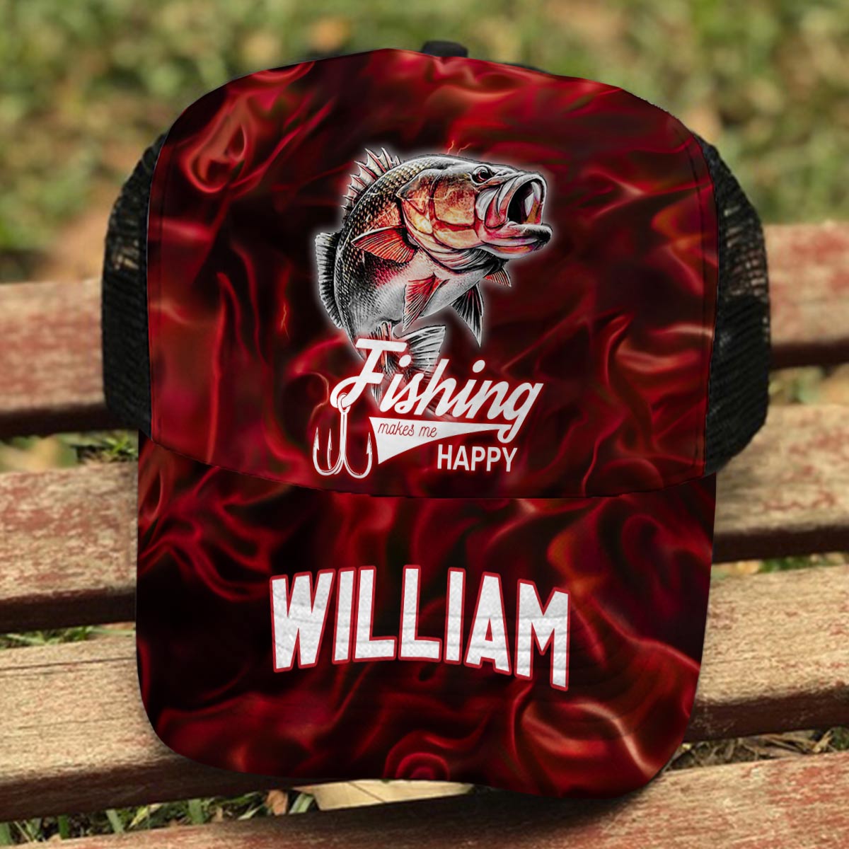 Fishing Makes Me Happy - Personalized Fishing Trucker Hat (Black Mesh)