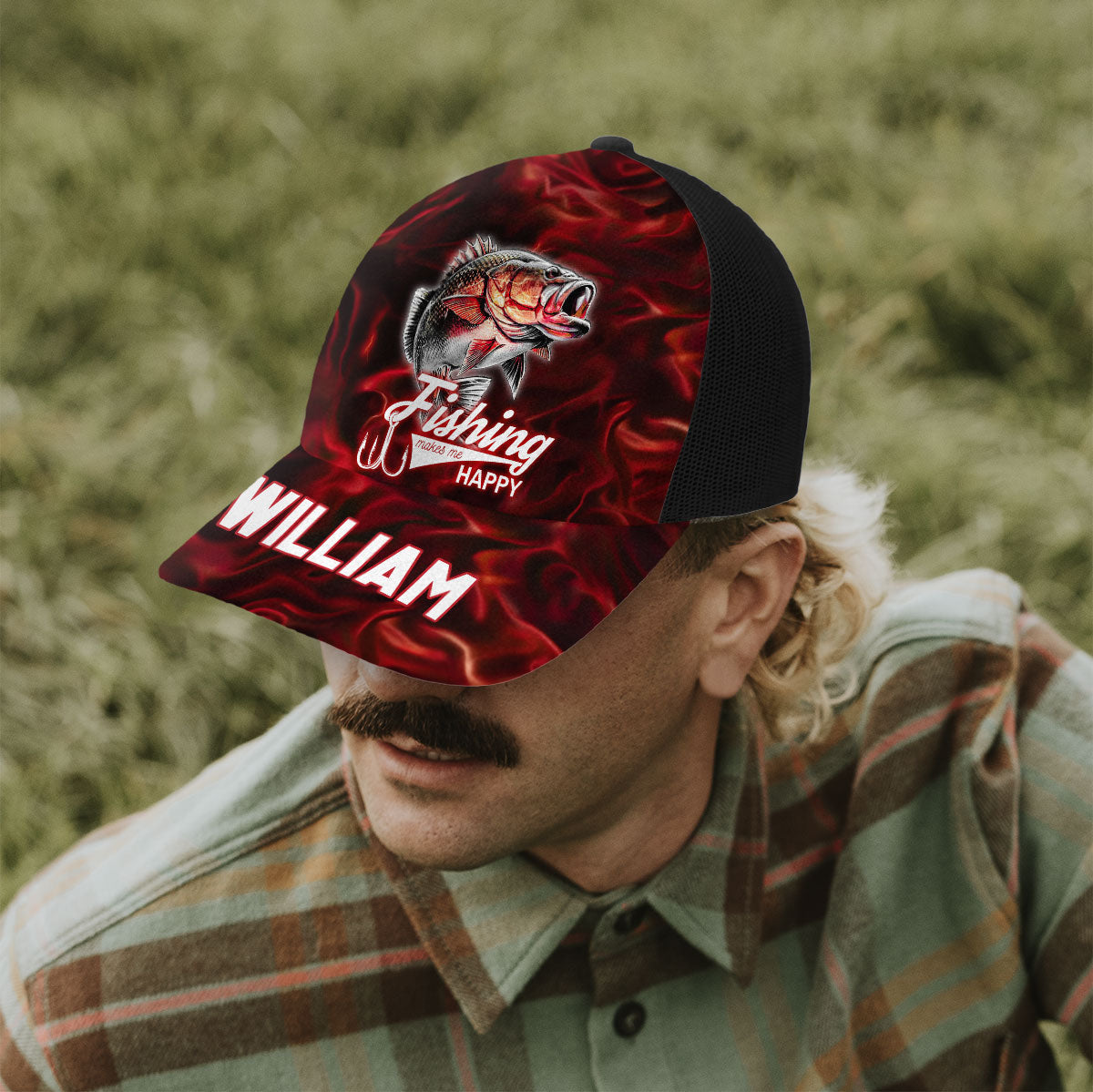 Fishing Makes Me Happy - Personalized Fishing Trucker Hat (Black Mesh)