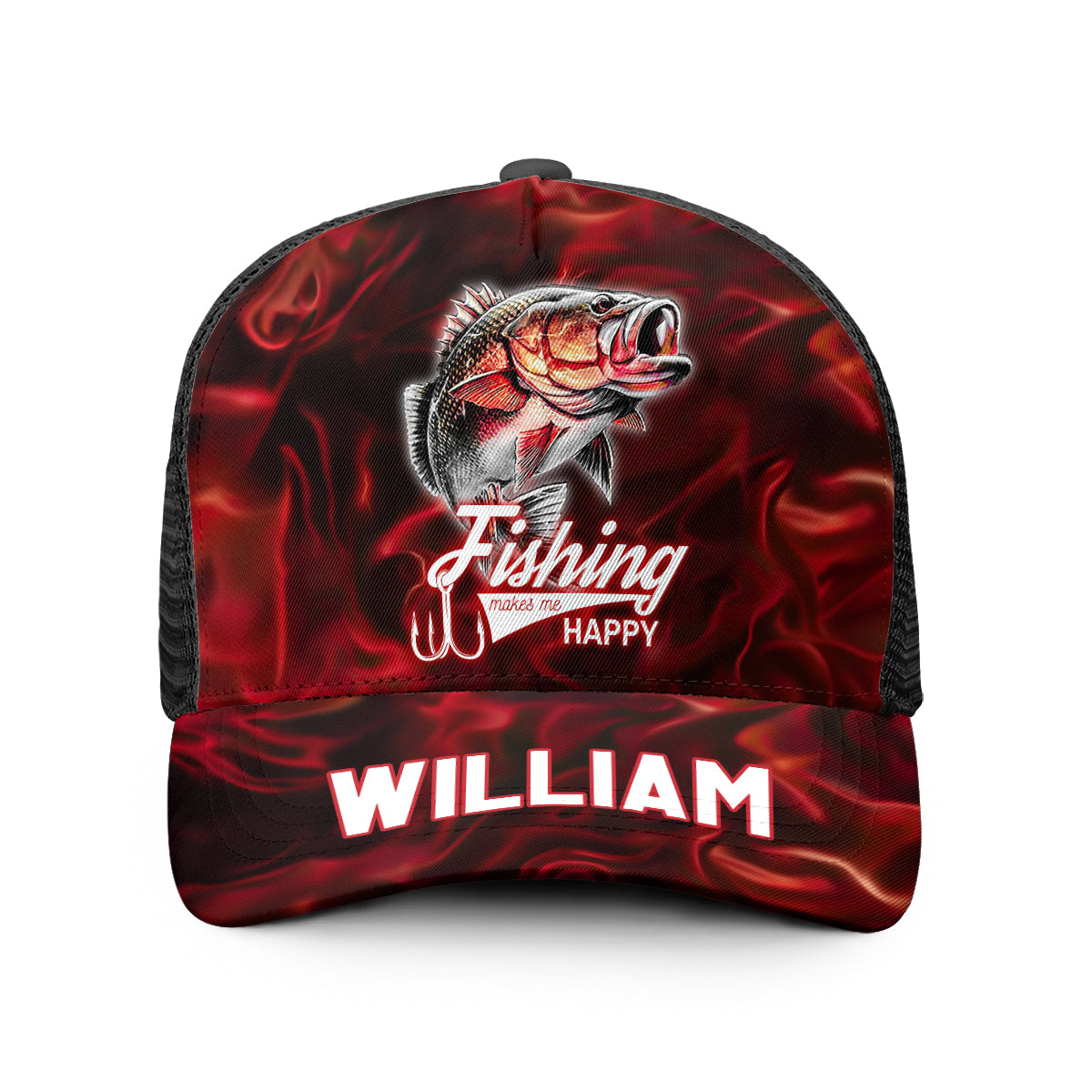 Fishing Makes Me Happy - Personalized Fishing Trucker Hat (Black Mesh)