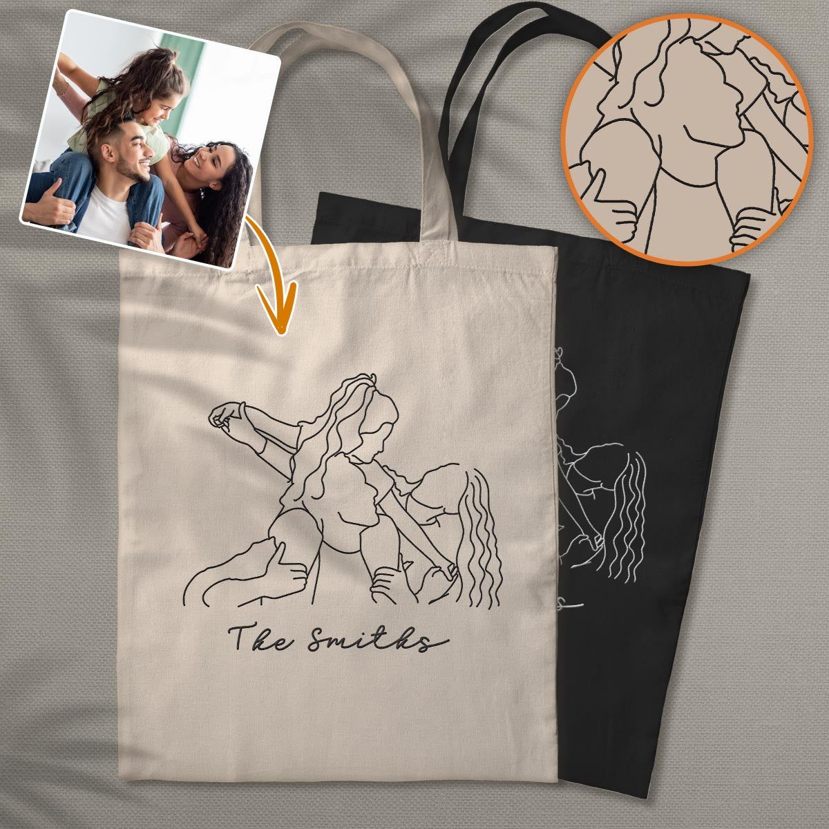 Custom Photo Line Art - Personalized Family Embroidered Tote Bag