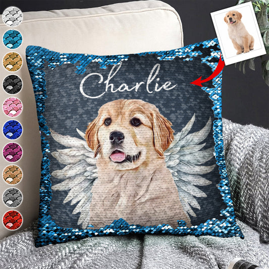 Dog Cat Angel Wings - Gift for dog lovers, cat lover, who lost dog, who lost cat - Personalized Sequin Pillow Cover