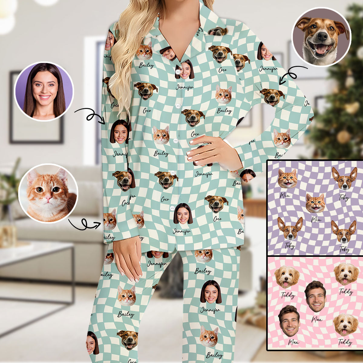 Any Photo Upload On Plaid Pattern With Many Background Color - Personalized Cat Button Down Pajamas